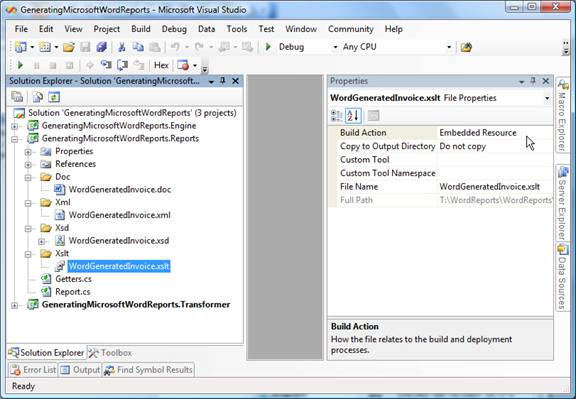 Figure 11 - XSL transform as part of VS.NET project for generating Word reports