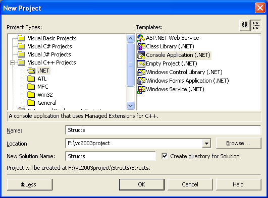 The new project window, selecting Console Application (.NET)